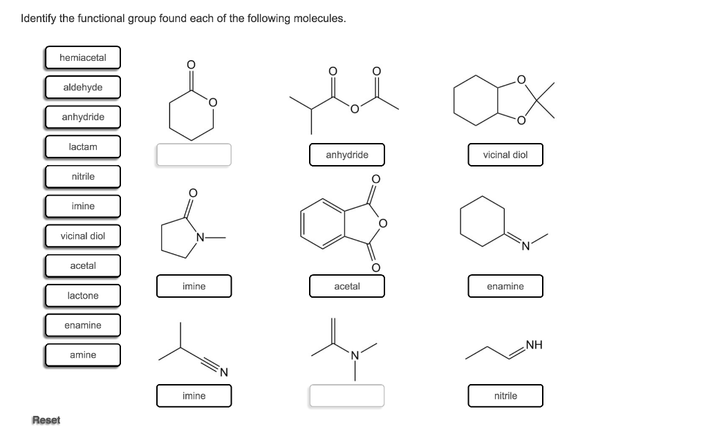 Identify the functional group found each of the following molecules.
hemiacetal
aldehyde
anhydride
lactam
anhydride
vicinal diol
nitrile
imine
vicinal diol
acetal
imine
acetal
enamine
lactone
enamine
NH
amine
imine
nitrile
Reset
