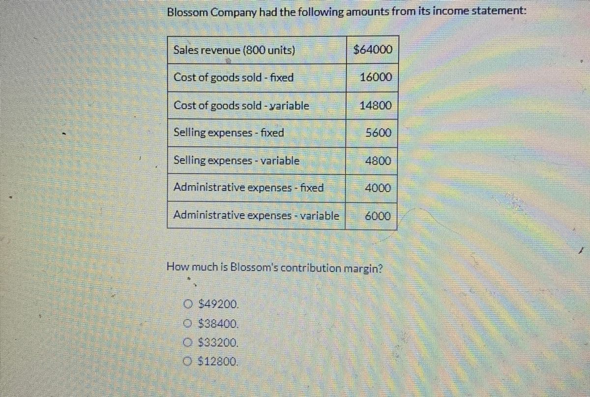 Blossom Company had the following amounts from its income statement:
Sales revenue (800 units)
$64000
Cost of goods sold - fixed
16000
Cost of goods sold - variable
14800
Selling expenses - fixed
5600
Selling expenses - variable
4800
Administrative expenses - fixed
4000
Administrative expenses - variable
6000
How much is Blossom's contribution margin?
O $49200.
O $38400.
$33200.
O $12800.