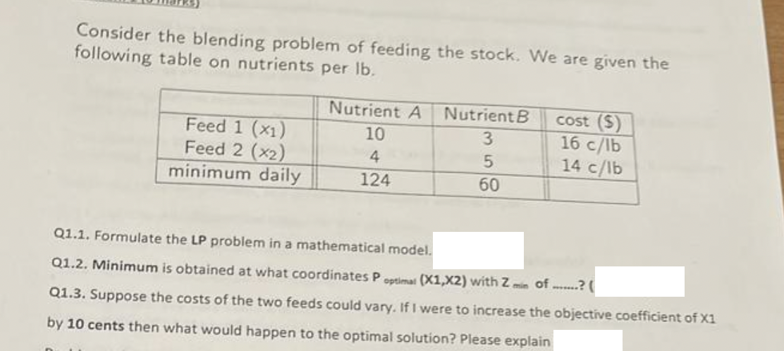 Consider the blending problem of feeding the stock. We are given the
following table on nutrients per lb.
Feed 1 (x1)
Feed 2 (x2)
minimum daily
Nutrient A
10
4
124
Nutrient B
3
5
60
cost ($)
16 c/lb
14 c/lb
Q1.1. Formulate the LP problem in a mathematical model.
Q1.2. Minimum is obtained at what coordinates P optimal (X1,X2) with Zmin of...?
Q1.3. Suppose the costs of the two feeds could vary. If I were to increase the objective coefficient of X1
by 10 cents then what would happen to the optimal solution? Please explain
