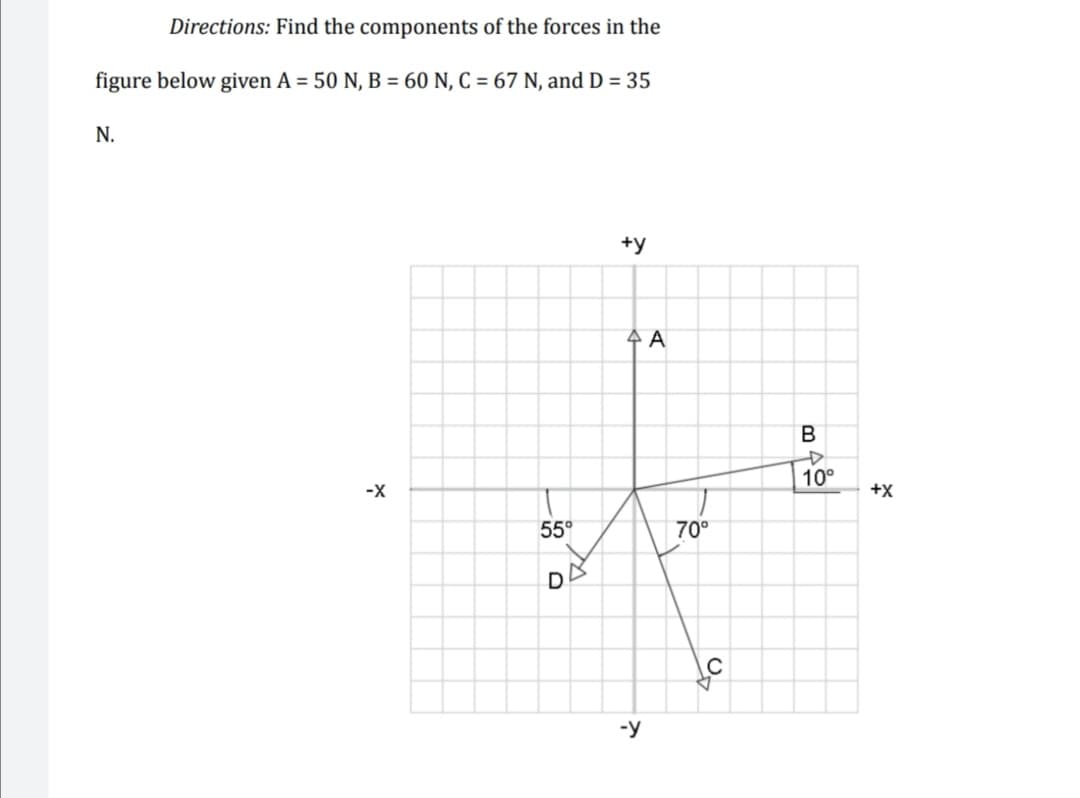 Directions: Find the components of the forces in the
figure below given A = 50 N, B = 60 N, C = 67 N, and D = 35
N.
+y
4 A
-X
10°
+X
55°
70°
-y
