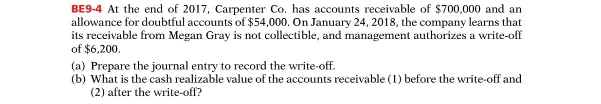 BE9-4 At the end of 2017, Carpenter Co. has accounts receivable of $700,000 and an
allowance for doubtful accounts of $54,000. On January 24, 2018, the company learns that
its receivable from Megan Gray is not collectible, and management authorizes a write-off
of $6,200.
(a) Prepare the journal entry to record the write-off.
(b) What is the cash realizable value of the accounts receivable (1) before the write-off and
(2) after the write-off?
