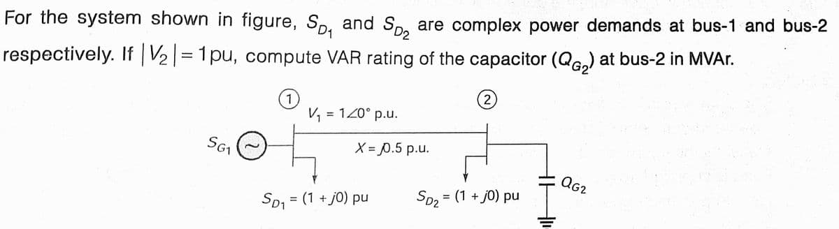 are complex power demands at bus-1 and bus-2
SD2
For the system shown in figure, Sp.
and
respectively. If | V2= 1 pu, compute VAR rating of the capacitor (Qc,) at bus-2 in MVA..
1
(2)
V, = 120° p.u.
%3D
SG1
X = 0.5 p.u.
Sp2 = (1 + j0) pu
%3D
So1 = (1 + j0) pu
%3D

