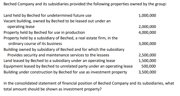 Beched Company and its subsidiaries provided the following properties owned by the group:
Land held by Beched for undetermined future use
Vacant building, owned by Beched to be leased out under an
1,000,000
operating lease
Property held by Beched for use in production
Property held by a subsidiary of Beched, a real estate firm, in the
ordinary course of its business
2,000,000
4,000,000
3,000,000
Building owned by subsidiary of Beched and for which the subsidiary
Provides security and maintenance services to the lessees
Land leased by Beched to a subsidiary under an operating lease
Equipment leased by Beched to unrelated party under an operating lease
2,500,000
1,500,000
500,000
Building under construction by Beched for use as investment property
3,500,000
In the consolidated statement of financial position of Beched Company and its subsidiaries, what
total amount should be shown as investment property?
