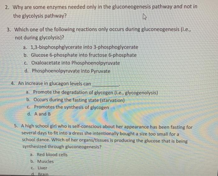 2. Why are some enzymes needed only in the gluconeogenesis pathway and not in
the glycolysis pathway?
3. Which one of the following reactions only occurs during gluconeogenesis (i.e.,
not during glycolysis)?
a. 1,3-bisphosphglycerate into 3-phosphoglycerate
b. Glucose 6-phosphate into fructose 6-phosphate
c. Oxaloacetate into Phosphoenolpyruvate
d. Phosphoenolpyruvate into Pyruvate
4. An increase in glucagon levels can
a. Promote the degradation of glycogen (i.e., glycogenolysis)
b. Occurs during the fasting state (starvation)
c. Promotes the synthesis of glycogen
d. A and B
5. A high school girl who is self-conscious about her appearance has been fasting for
several days to fit into a dress she intentionally bought a size too small for a
school dance. Which of her organs/tissues is producing the glucose that is being
synthesized through gluconeogenesis?
a. Red blood cells
b. Muscles
C. Liver
d. Brain

