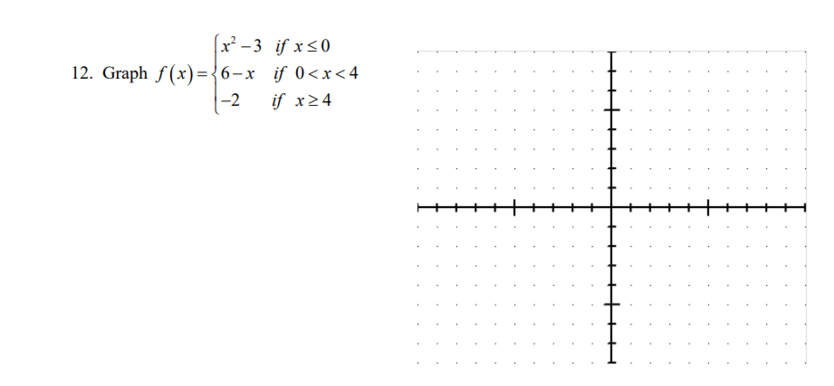 (x² - 3 if x<0
12. Graph f (x)={6-x if 0<x < 4
-2
if x24
