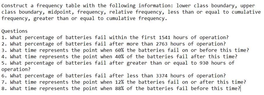 Construct a frequency table with the following information: lower class boundary, upper
class boundary, midpoint, frequency, relative frequency, less than or equal to cumulative
frequency, greater than or equal to cumulative frequency.
Questions
1. What percentage of batteries fail within the first 1541 hours of operation?
2. What percentage of batteries fail after more than 2763 hours of operation?
3. what time represents the point when 60% the batteries fail on or before this time?
4. What time represents the point when 40% of the batteries fail after this time?
5. What percentage of batteries fail after greater than or equal to 930 hours of
operation?
6. What percentage of batteries fail after less than 3374 hours of operation?
7. What time represents the point when 12% the batteries fail on or after this time?
8. What time represents the point when 88% of the batteries fail before this time?
