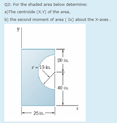 Q3: For the shaded area below determine:
a)The centroide (X.Y) of the area,
b) the second moment of area ( Ix) about the X-axes .
20 in.
r =/15 in.
40 in.
25 in.-
