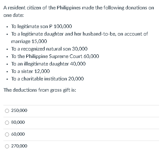 A resident citizen of the Philippines made the following donations on
one date:
• To legitimate son P 100,000
To a legitimate daughter and her husband-to-be, on account of
marriage 15,000
• To a recognized natural son 30,000
To the Philippine Supreme Court 60,000
To an illegitimate daughter 40,000
To a sister 12,000
To a charitable institution 20,000
The deductions from gross gift is:
250,000
80,000
60,000
O 270,000
