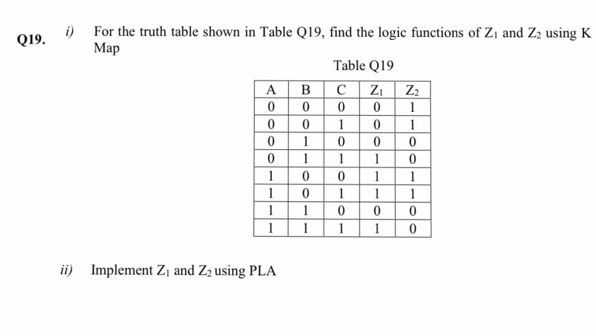 i)
For the truth table shown in Table Q19, find the logic functions of Zj and Z2 using K
Q19.
Мар
Table Q19
A
C
Zi
Z2
1
1
1
1
1
1
1
1
1
1
1
1
1
1
1
1
1
1
1
ii)
Implement Zj and Z2 using PLA
