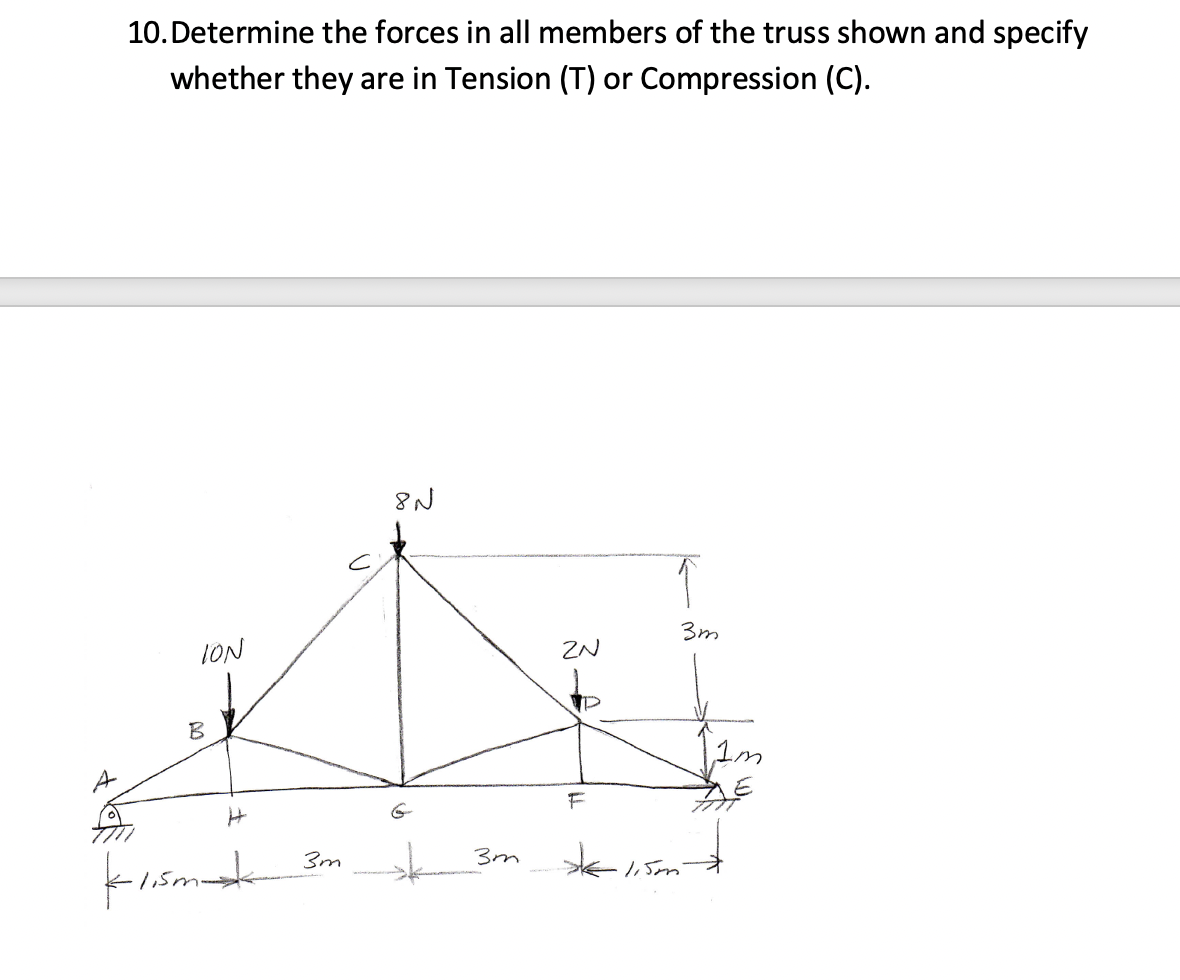 10. Determine the forces in all members of the truss shown and specify
whether they are in Tension (T) or Compression (C).
ION
3m
ZN
B
A
3m
3m
