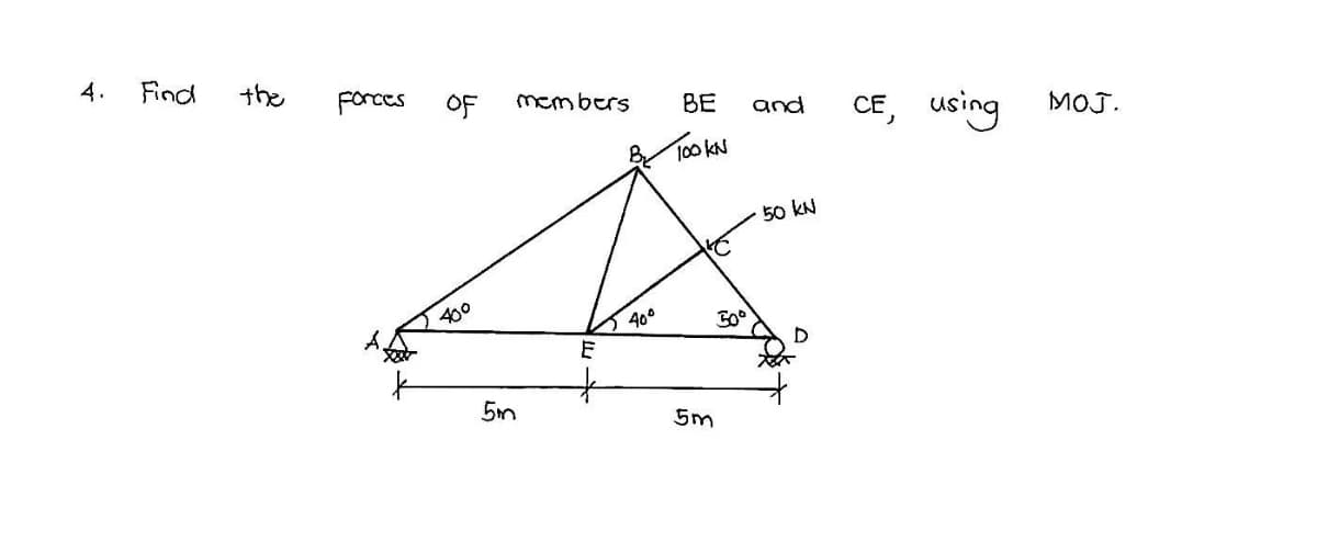 4.
Find
the
Forces
OF
members
CE, using
BE
and
MOJ.
TookN
50 kN
400
40°
5m
