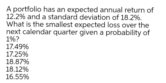 A portfolio has an expected annual return of
12.2% and a standard deviation of 18.2%.
What is the smallest expected loss over the
next calendar quarter given a probability of
1%?
17.49%
17.25%
18.87%
18.12%
16.55%
