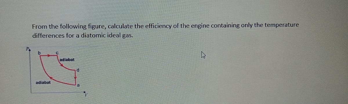 From the following figure, calculate the efficiency of the engine containing only the temperature
differences for a diatomic ideal gas.
adiabat
adiabat