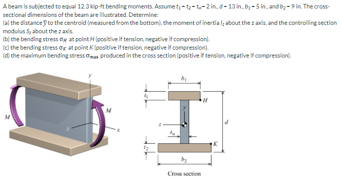 A beam is subjected to equal 12.3 kip-ft bending moments. Assume tz - t2- tw- 2 in., d- 13 in., bz - 5 in., and b2 - 9 in. The cross-
sectional dimensions of the beam are illustrated. Determine:
(a) the distancey to the centroid (measured from the bottom), the moment of inertial; about the z axis, and the controlling section
modulus S; about the z axis.
(b) the bending stress OH at point H (positive if tension, negative if compression).
(c) the bending stress Og at point K (positive if tension, negative if compression).
(d) the maximum bending stress omax produced in the cross section (positive if tension, negative if compression).
bi
M
Cross section

