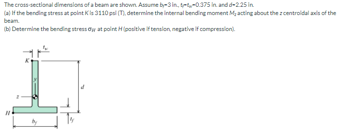 The cross-sectional dimensions of a beam are shown. Assume b;-3 in., t-tw-0.375 in. and d-2.25 in.
(2) If the bending stress at point Kis 3110 psi (T), determine the internal bending moment M; acting about the z centroidal axis of the
beam.
(b) Determine the bending stress of at point H (positive if tension, negative if compression).
K
by
