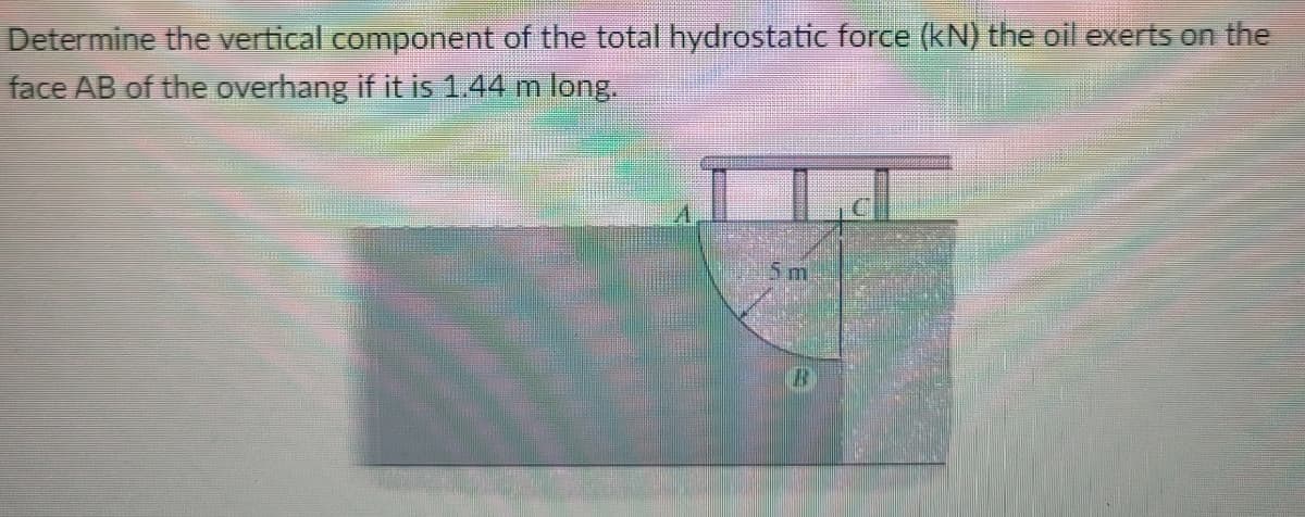 Determine the vertical component of the total hydrostatic force (kN) the oil exerts on the
face AB of the overhang if it is 1.44 m long.
5m
