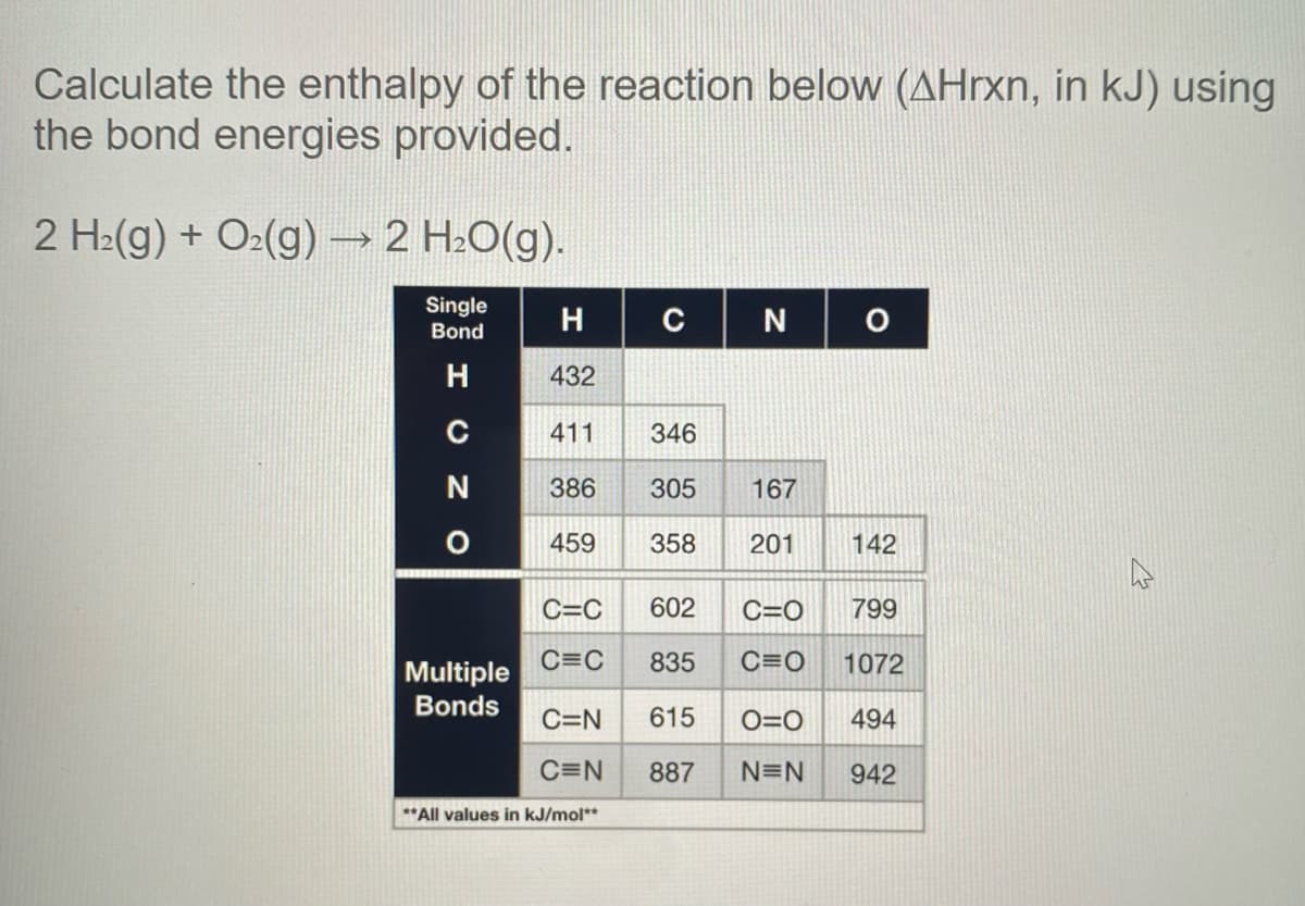 Calculate the enthalpy of the reaction below (AHrxn, in kJ) using
the bond energies provided.
2 H2(g) + O2(g) 2 H2O(g).
Single
H
C| N
Bond
H
432
411
346
386
305
167
459
358
201
142
C=C
602
C=0
799
Multiple
C=C
835
C=0
1072
Bonds
C=N
615
O=0
494
C=N
887
N=N
942
**All values in kJ/mol**
z O
