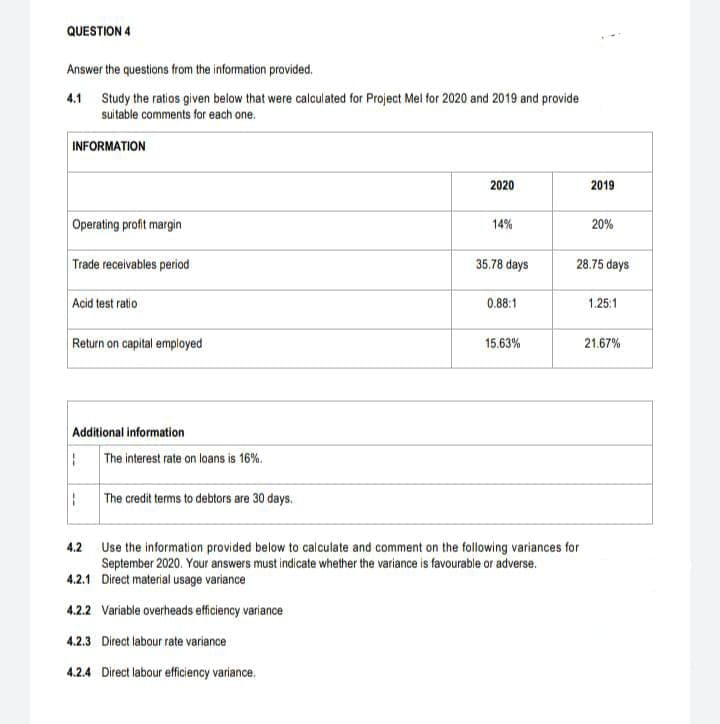 QUESTION 4
Answer the questions from the information provided.
4.1 Study the ratios given below that were calculated for Project Mel for 2020 and 2019 and provide
suitable comments for each one.
INFORMATION
2020
2019
Operating profit margin
20%
14%
Trade receivables period
35.78 days
28.75 days
Acid test ratio
0.88:1
1.25:1
Return on capital employed
15.63%
21.67%
Additional information
: The interest rate on loans is 16%.
: The credit terms to debtors are 30 days.
4.2
Use the information provided below to calcutate and comment on the following variances for
September 2020. Your answers must indicate whether the variance is favourable or adverse.
4.2.1 Direct material usage variance
4.2.2 Variable overheads efficiency variance
4.2.3 Direct labour rate variance
4.2.4 Direct labour efficiency variance.
