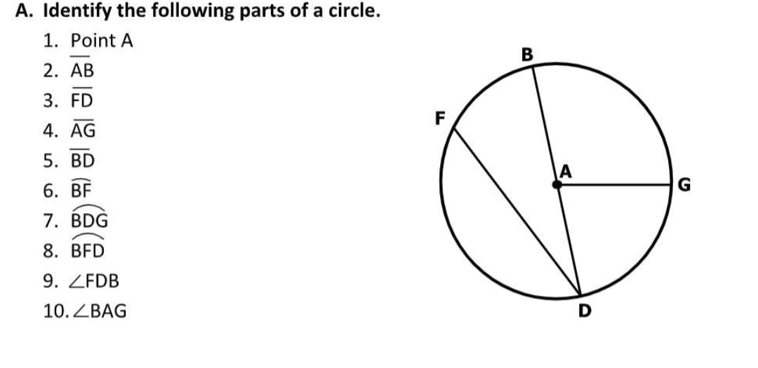 A. Identify the following parts of a circle.
1. Point A
В
2. AB
3. FD
4. AG
5. BD
6. BF
7. BDG
8. BFD
9. ZFDB
10. ZBAG
