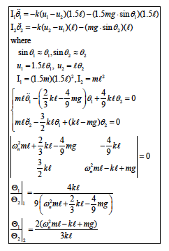 1,6 =-k(u, -u₂)(1.5€)-(1.5mg-sin)(1.50)
I₂₂=-k(u₂ -u₂)(e)-(mg-sin6₂) (1)
where
sin 8, ≈ 8₁, sin 8₂ 8₂
u₁ =1.500₁, u₂ = 10₂
I₁ = (1.5m)(1.50)², I₂ = me²
4
mee -ke-mg) + keo₂ = 0
mlö-klo, + (kl-mg)0₂ = 0
2 4
ame+kl-mg
e
-kl
4ke
®®${@mt+]kt-zwg}
e₁
wome-ke+mg
|=0
2(w ml-ke+mg)
3kl