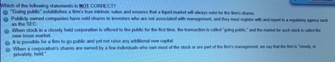 Which of the following statements is NOT CORRECT?
"Going public" establishes a firm's true intrinsic value and ensures that a liquid market will always exist for the fiem's shares.
Publicy owned companies have sold shares to investors who are not associated with management, and they must register with and report to a regulatory agency such
as the SEC.
When stock in a closely held corporation is offered to the public for the first time, the transaction is called "going public," and the market for such stock is called he
new issue market.
It is possible for a firm to go public and yet not raise any additional new capital
When a corporation's shares are owned by a few individuals who own most of the stock or are part of the firm's management, we say that the fim is "closely, or
privately, held
