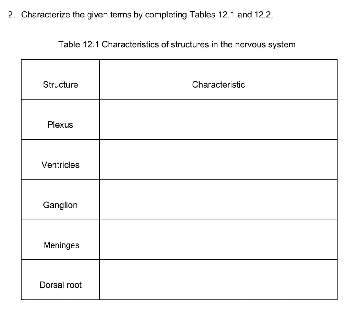 2. Characterize the given tems by completing Tables 12.1 and 12.2.
Table 12.1 Characteristics of structures in the nervous system
Structure
Characteristic
Plexus
Ventricles
Ganglion
Meninges
Dorsal root
