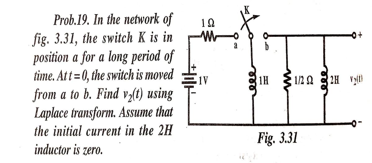 Prob.19. In the network of
fig. 3.31, the switch K is in
position a for a long period of
time. Att= 0, the switch is moved
from a to b. Find vz(t) using
Laplace transform. Assume that
the initial current in the 2H
12
a
b
1V
1H
1/2 2
2H
Fig. 3.31
inductor is zero.
mee
