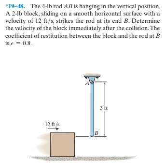 *19-48. The 4-lb rod AB is hanging in the vertical position.
A 2-lb block, sliding on a smooth horizontal surface with a
velocity of 12 ft/s, strikes the rod at its end B. Determine
the velocity of the block immediately after the collision. The
coefficient of restitution between the block and the rod at B
is e = 0.8.
3 ft
12 ft/s
B
