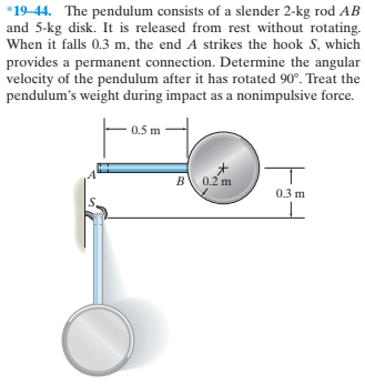 *19-44. The pendulum consists of a slender 2-kg rod AB
and 5-kg disk. It is released from rest without rotating.
When it falls 0.3 m, the end A strikes the hook S, which
provides a permanent connection. Determine the angular
velocity of the pendulum after it has rotated 90°. Treat the
pendulum's weight during impact as a nonimpulsive force.
0.5 m
0.2 m
0.3 m
