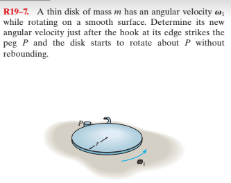 R19–7. A thin disk of mass m has an angular velocity w
while rotating on a smooth surface. Determine its new
angular velocity just after the hook at its edge strikes the
peg P and the disk starts to rotate about P without
rebounding.
