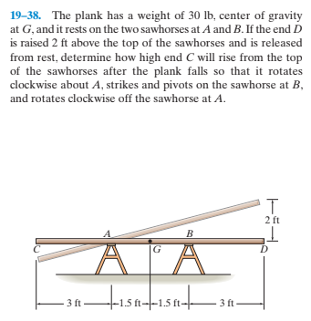 19–38. The plank has a weight of 30 lb, center of gravity
at G, and it rests on the two sawhorses at A and B. If the end D
is raised 2 ft above the top of the sawhorses and is released
from rest, determine how high end C will rise from the top
of the sawhorses after the plank falls so that it rotates
clockwise about A, strikes and pivots on the sawhorse at B,
and rotates clockwise off the sawhorse at A.
2 ft
3 ft
-1.5 ft-|-1.5 ft-
3 ft

