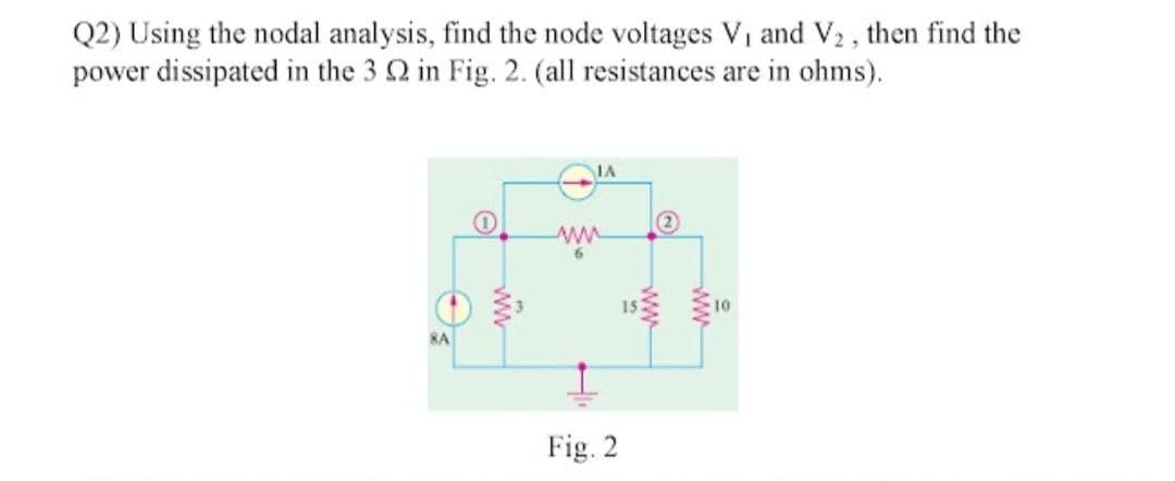 Q2) Using the nodal analysis, find the node voltages V₁ and V₂, then find the
power dissipated in the 3 2 in Fig. 2. (all resistances are in ohms).
8A
ww
IA
ww
Fig. 2
5
www
www
10