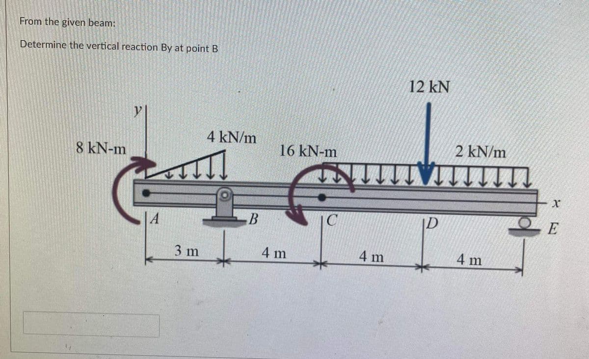 From the given beam:
Determine the vertical reaction By at point B
12 kN
4 kN/m
2 kN/m
8 kN-m
16 kN-m
B
|C
ID
3 m
|4 m
4 m
4 m
