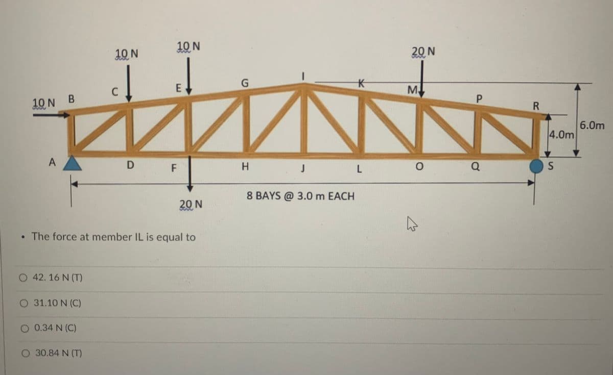 10 N
10 N
20 N
M.
10 N B
6.0m
4.0m
A
D F
Q
H.
L
8 BAYS @ 3.0 m EACH
20 N
• The force at member IL is equal to
O 42. 16 N (T)
O 31.10 N (C)
O 0.34 N (C)
O 30.84 N (T)
