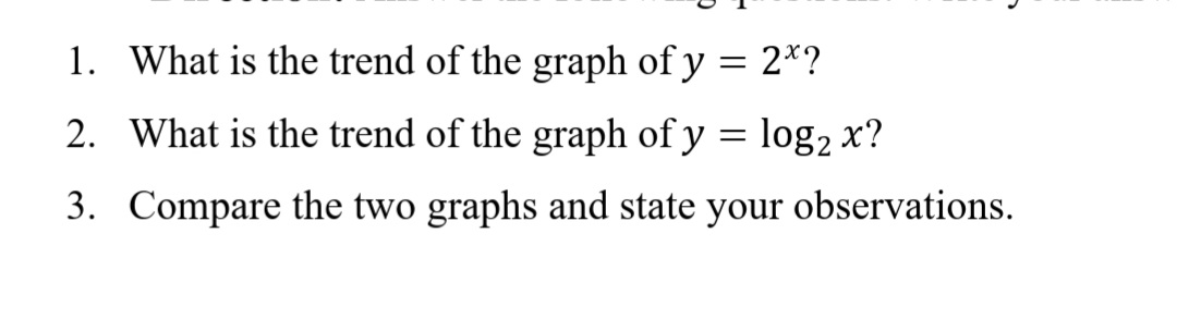 1. What is the trend of the graph of y = 2*?
2. What is the trend of the graph of y = log₂ x?
3. Compare the two graphs and state your observations.