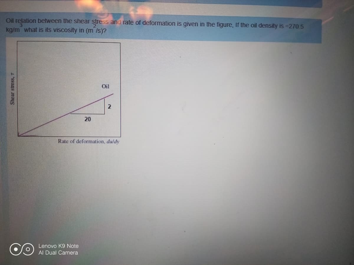 Oil relation between the shear stress and rate of deformation is given in the figure, If the oil density is =270.5
kg/m what is its viscosity in (m /s)?
Oil
20
Rate of deformation, duldy
Lenovo K9 Note
Al Dual Camera
Shear stress, 7
