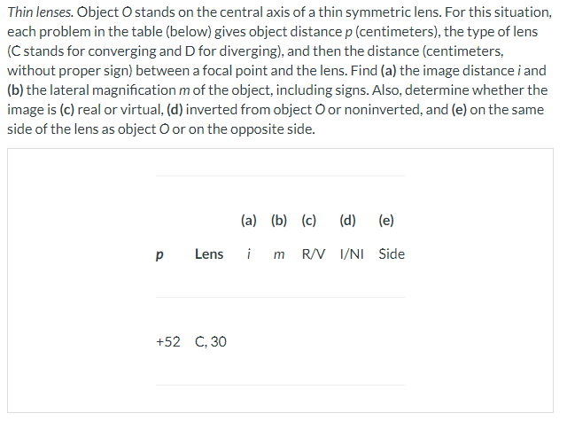 Thin lenses. Object O stands on the central axis of a thin symmetric lens. For this situation,
each problem in the table (below) gives object distance p (centimeters), the type of lens
(C stands for converging and D for diverging), and then the distance (centimeters,
without proper sign) between a focal point and the lens. Find (a) the image distance i and
(b) the lateral magnification m of the object, including signs. Also, determine whether the
image is (c) real or virtual, (d) inverted from object O or noninverted, and (e) on the same
side of the lens as object O or on the opposite side.
(a) (b) (c)
(d)
(e)
p
Lens
i m RV I/NI Side
+52 C, 30
