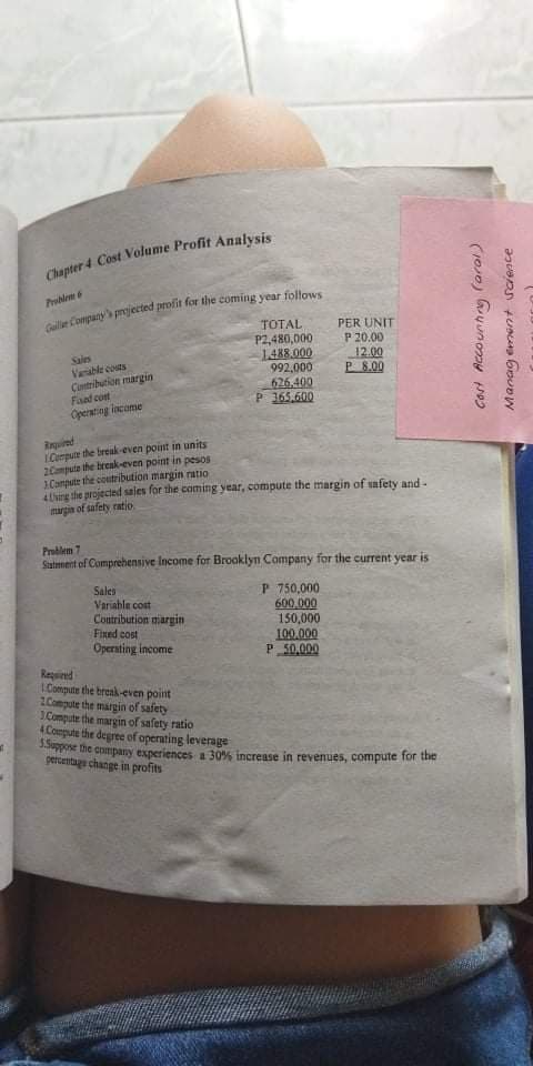 Prohlem 6
TOTAL
PER UNIT
Saies
Varable costs
Cuntribution margin
Faad cont
Operating income
P2,480,000
1488.000
992,000
626,400
P 365,600
P 20.00
12.00
P 8.00
Rrquired
LCompute the break-even point in units
2Campute the break-even point in pesos
1.Compute the coutribution margin ratio
4Uhing the projected sales for the coaming year, compute the margin of unfety and-
margin of safety ratio
Problem 7
Satment of Comprehensive Income for Brooklyn Company for the current year is
Sales
Variable cost
Contribution mjargin
Fined cost
Operating income
P 750,000
600,000
150,000
100.000
P 50,000
Requined
LCompute the break-even point
Compute the margin of safety
1Compute the margin of safety ratio
4 Compute the degree of operating leverage
e the company experiences a 30% increase in revenues, compute for the
percentage change in profits
Cost Accounnng (oral)
