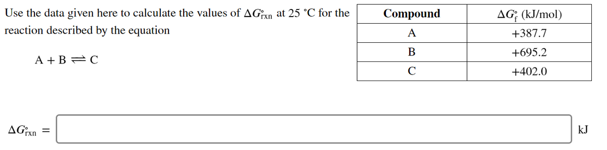 Use the data given here to calculate the values of AGxn at 25 °C for the
Compound
AG; (kJ/mol)
reaction described by the equation
A
+387.7
B
+695.2
A + B 2 C
C
+402.0
AGixn
kJ
%3D
