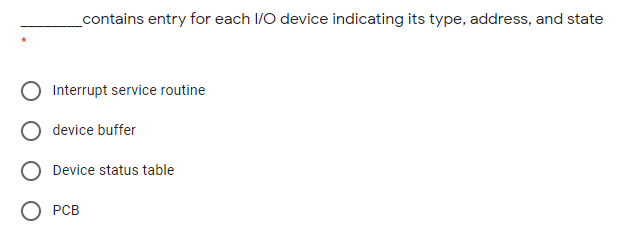 _contains entry for each I/O device indicating its type, address, and state
Interrupt service routine
device buffer
Device status table
О РСВ
