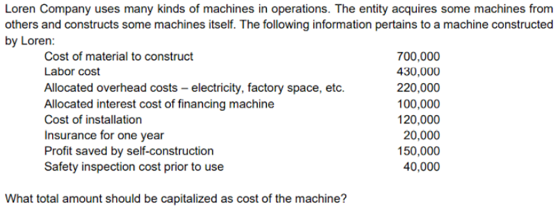 Loren Company uses many kinds of machines in operations. The entity acquires some machines from
others and constructs some machines itself. The following information pertains to a machine constructed
by Loren:
Cost of material to construct
700,000
Labor cost
430,000
Allocated overhead costs – electricity, factory space, etc.
Allocated interest cost of financing machine
Cost of installation
220,000
100,000
120,000
Insurance for one year
Profit saved by self-construction
Safety inspection cost prior to use
20,000
150,000
40,000
What total amount should be capitalized as cost of the machine?
