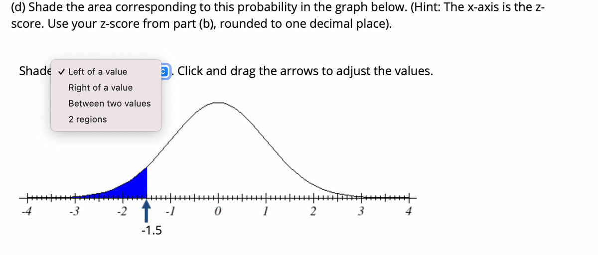 (d) Shade the area corresponding to this probability in the graph below. (Hint: The x-axis is the z-
score. Use your z-score from part (b), rounded to one decimal place).
Shade v Left of a value
9. Click and drag the arrows to adjust the values.
Right of a value
Between two values
2 regions
++
-4
-2 1 -1
3
-1.5
