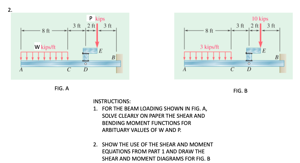 2.
P kips
3 ft ,2 ft| 3 ft
10 kips
3 ft 2 ft| 3 ft
8 ft
8 ft
W kips/ft
3 kips/ft
E
В
FIG. A
FIG. B
INSTRUCTIONS:
1. FOR THE BEAM LOADING SHOWN IN FIG. A,
SOLVE CLEARLY ON PAPER THE SHEAR AND
BENDING MOMENT FUNCTIONS FOR
ARBITUARY VALUES OF W AND P.
2. SHOW THE USE OF THE SHEAR AND MOMENT
EQUATIONS FROM PART 1 AND DRAW THE
SHEAR AND MOMENT DIAGRAMS FOR FIG. B
