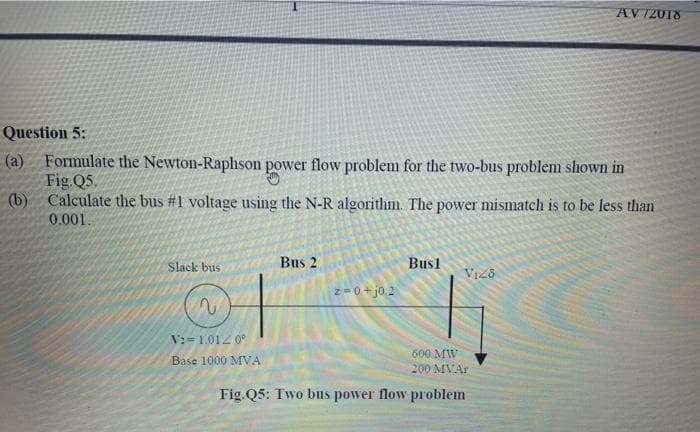 AVTZU18
Question 5:
(a) Formulate the Newton-Raphson power flow problem for the two-bus problem shown in
Fig.QS.
(b) Calculate the bus #1 voltage using the N-R algorithm. The power mismatch is to be less than
0.001.
Slack bus
Bus 2
Bus1
z = 0 + j0.2
V:= 1.012 0°
600 MW
200 MVAr
Base 1000 MVA
Fig. Q5: Two bus power flow problem
