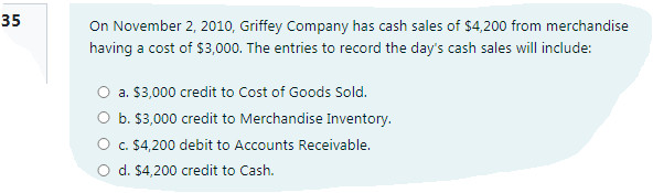 35
On November 2, 2010, Griffey Company has cash sales of $4,200 from merchandise
having a cost of $3,000. The entries to record the day's cash sales will include:
O a. $3,000 credit to Cost of Goods Sold.
O b. $3,000 credit to Merchandise Inventory.
O c. $4,200 debit to Accounts Receivable.
O d. $4,200 credit to Cash.
