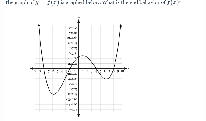 The graph of y = f(x) is graphed below. What is the end behavior of f(x)?
y
1795.5
1571.06
1346.63
1122.19
897-75
673.31
448.89
22/44
-10-9--7-6 -5 -4 -3/2 -1
224-44
-448.87
-673.31
-897-75
-1122.19
-1346.62
-1571.06
-1795-5
1 2 3 4 5 6 7 8 9 10