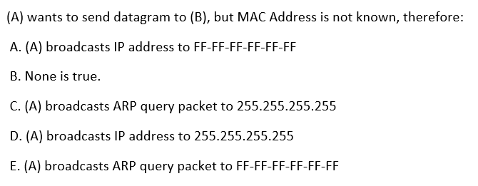 (A) wants to send datagram to (B), but MAC Address is not known, therefore:
A. (A) broadcasts IP address to FF-FF-FF-FF-FF-FF
B. None is true.
C. (A) broadcasts ARP query packet to 255.255.255.255
D. (A) broadcasts IP address to 255.255.255.255
E. (A) broadcasts ARP query packet to FF-FF-FF-FF-FF-FF
