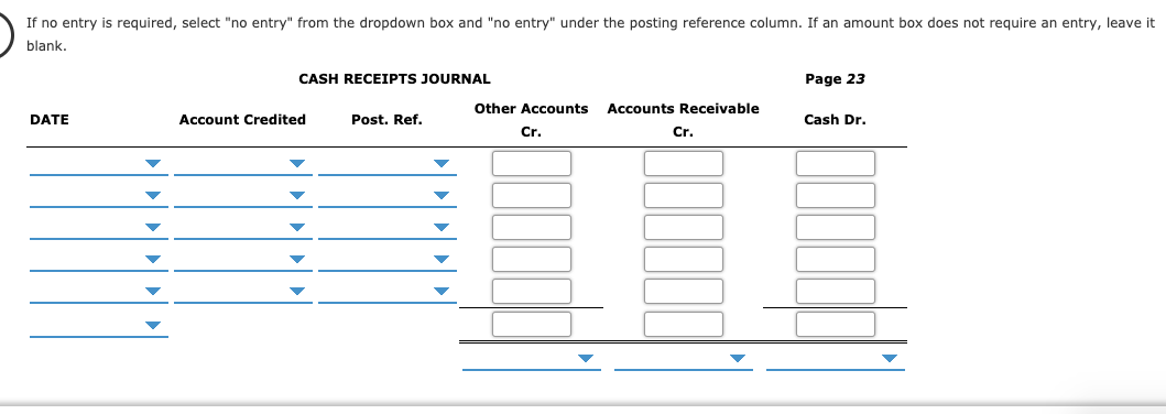 If no entry is required, select "no entry" from the dropdown box and "no entry" under the posting reference column. If an amount box does not require an entry, leave it
blank.
CASH RECEIPTS JOURNAL
Page 23
Other Accounts
Accounts Receivable
DATE
Account Credited
Post. Ref.
Cash Dr.
Cr.
Cr.
