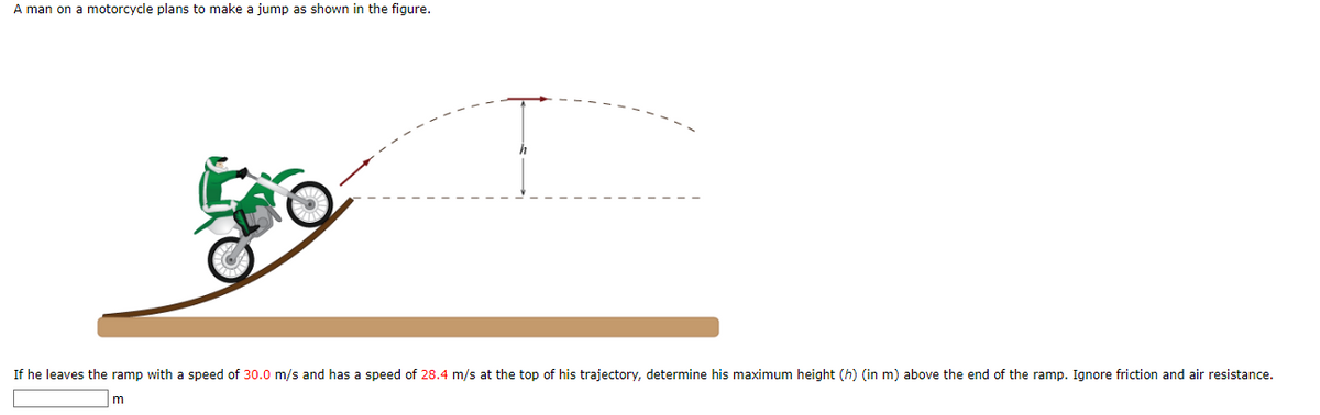 A man on a motorcycle plans to make a jump as shown in the figure.
If he leaves the ramp with a speed of 30.0 m/s and has a speed of 28.4 m/s at the top of his trajectory, determine his maximum height (h) (in m) above the end of the ramp. Ignore friction and air resistance.
ורו