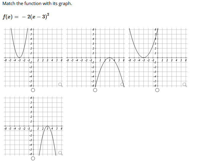 Match the function with its graph.
f(æ) = – 2(x – 3)²
5-
4
6 5 4 -3 -2 -
-6 -5 4 -3
6 5 4 -3 -2
-2
-2
-2
-3
-3
-4
-4
-5
-6
-6 -5 4 -3 -2
-2
-3
-4
-5
-6
